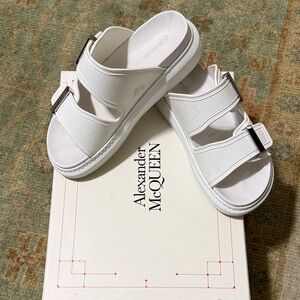 Alexander McQueen White Slide Sandals with Silver Accents